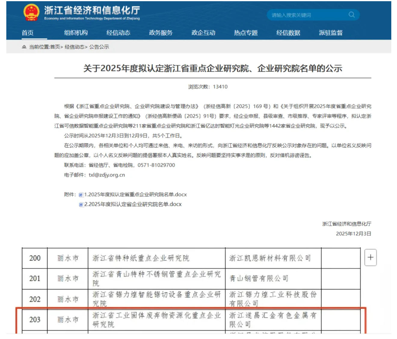遂昌汇金入选浙江省2025年度省级重点企业研究院拟认命名单